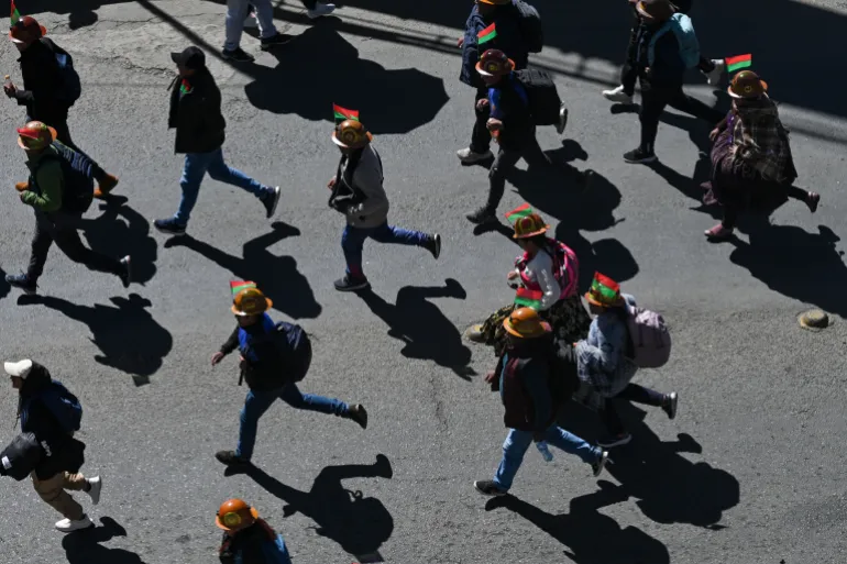 Demonstrators from mining unions take part in a protest against President Rodrigo Paz's government amid an ongoing economic and fuel crisis, in La Paz, Bolivia, May 14, 2026. REUTERS/Claudia Morales