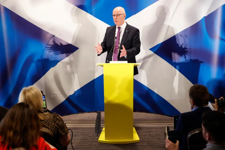 EDINBURGH, SCOTLAND - MAY 25: First Minister John Swinney speaks during a press conference following Peter Murrell's embezzlement hearing at the Edinburgh Marriott Hotel Holyrood on May 25, 2026 in Edinburgh, Scotland. First Minister and SNP Leader John Swinney is speaking to the press after Peter Murrell, the estranged husband of former first minister Nicola Sturgeon, admitted embezzling more than £400,000 the Scottish National Party (SNP) between August 2010 and January 2023, during part of his 22-year tenure as chief executive of the party. (Photo by Jeff J Mitchell/Getty Images)