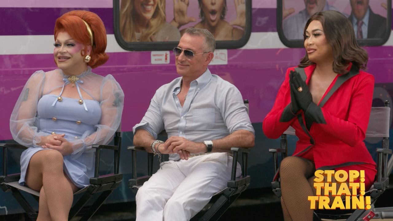 (L to R) Ginger Minj, director Adam Shankman and Jujubee discuss 'Stop! That! Train!'
