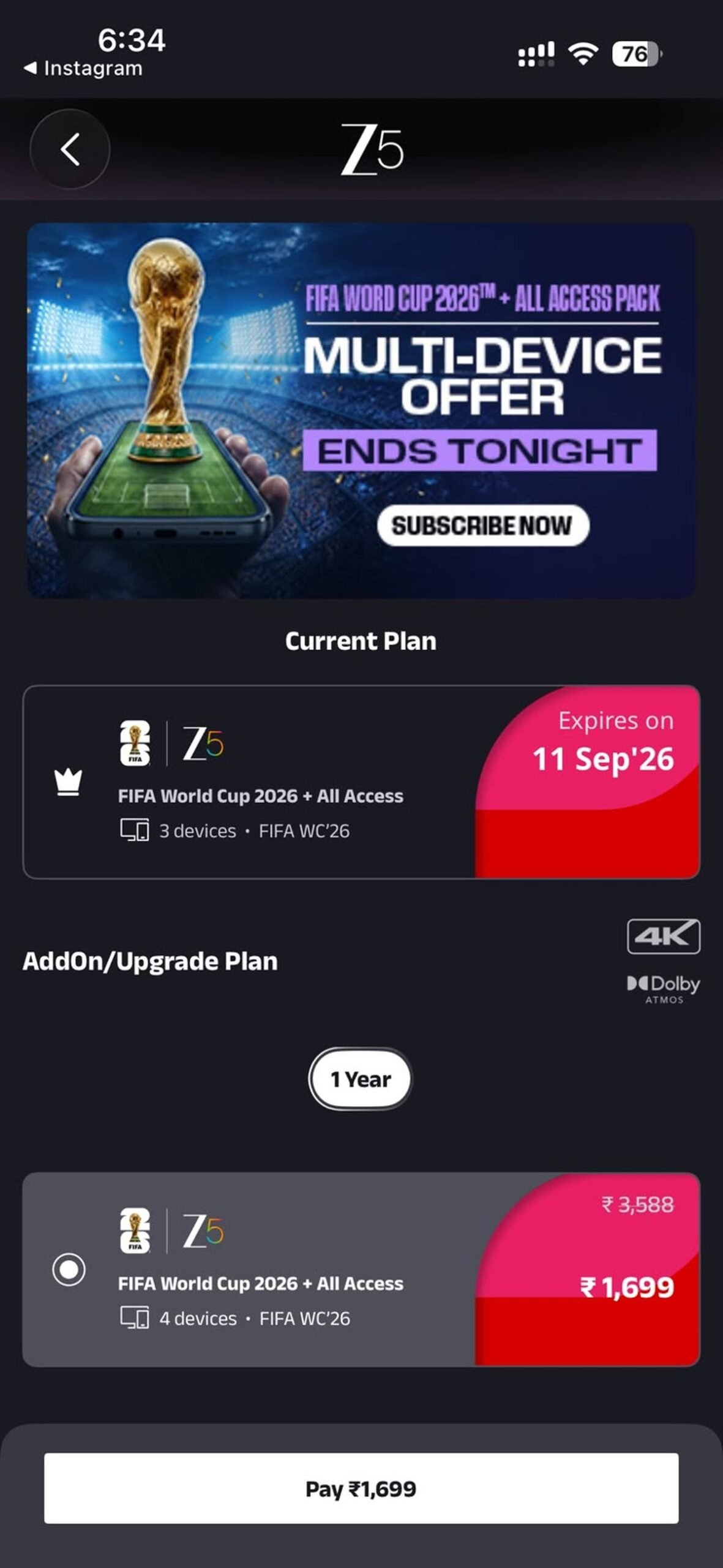The notification which shows Zee5 telling its users that the offer will end tonight.