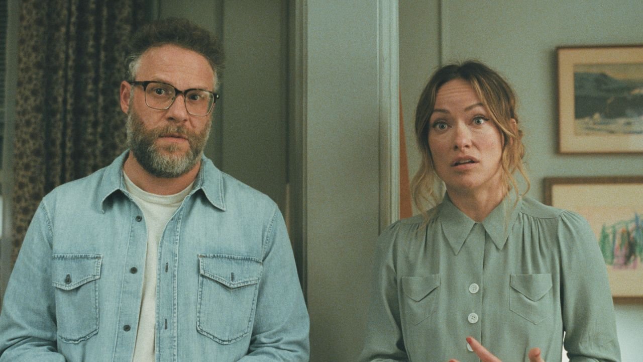 (L to R) Seth Rogen and Olivia Wilde star in 'The Invite'. Photo: A24.