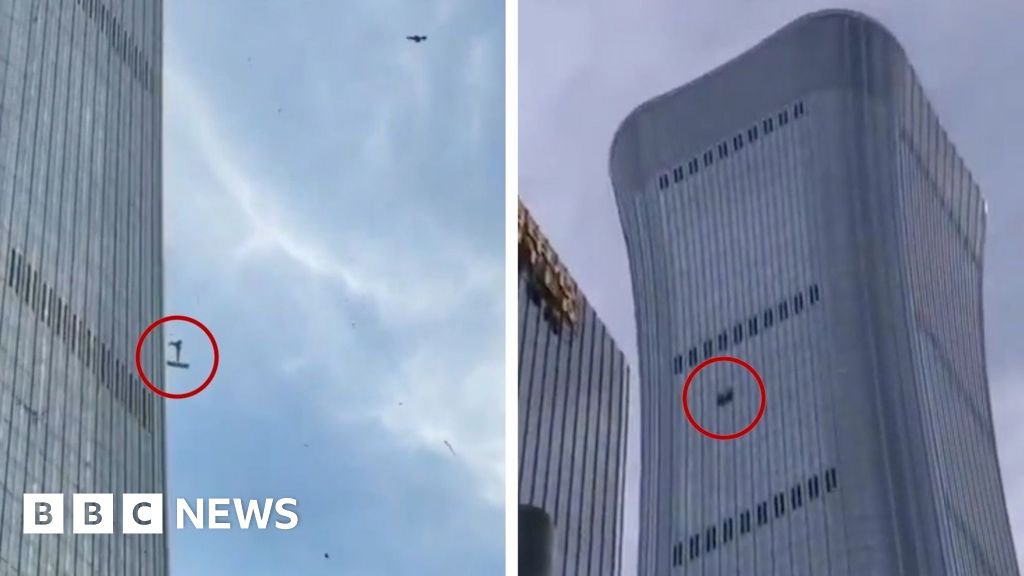 Split-screen showing aircraft debris falling next to building on the left, and damaged skyscraper on the right