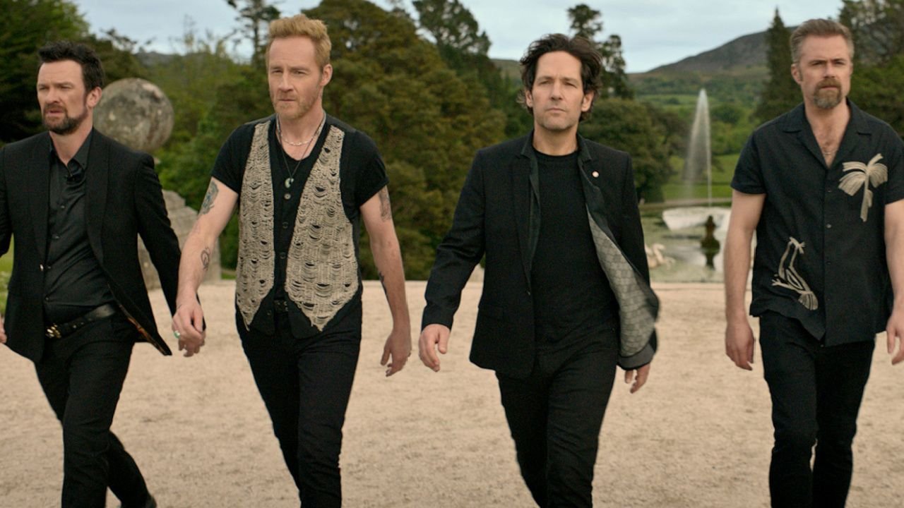 (L to R) Keith McErlean as Kyle, Peter McDonald as Sandy, Paul Rudd as Rick, Rory Keenan as Binzer, and Paul Reid as Bernard in 'Power Ballad'. Photo Credit: Courtesy of Lionsgate.