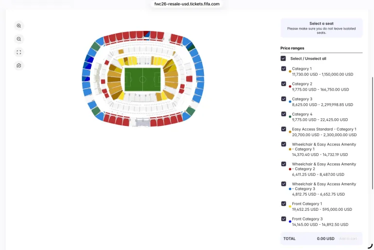 A screenshot of the seat map showing available tickets to the World Cup final on the FIFA Marketplace.