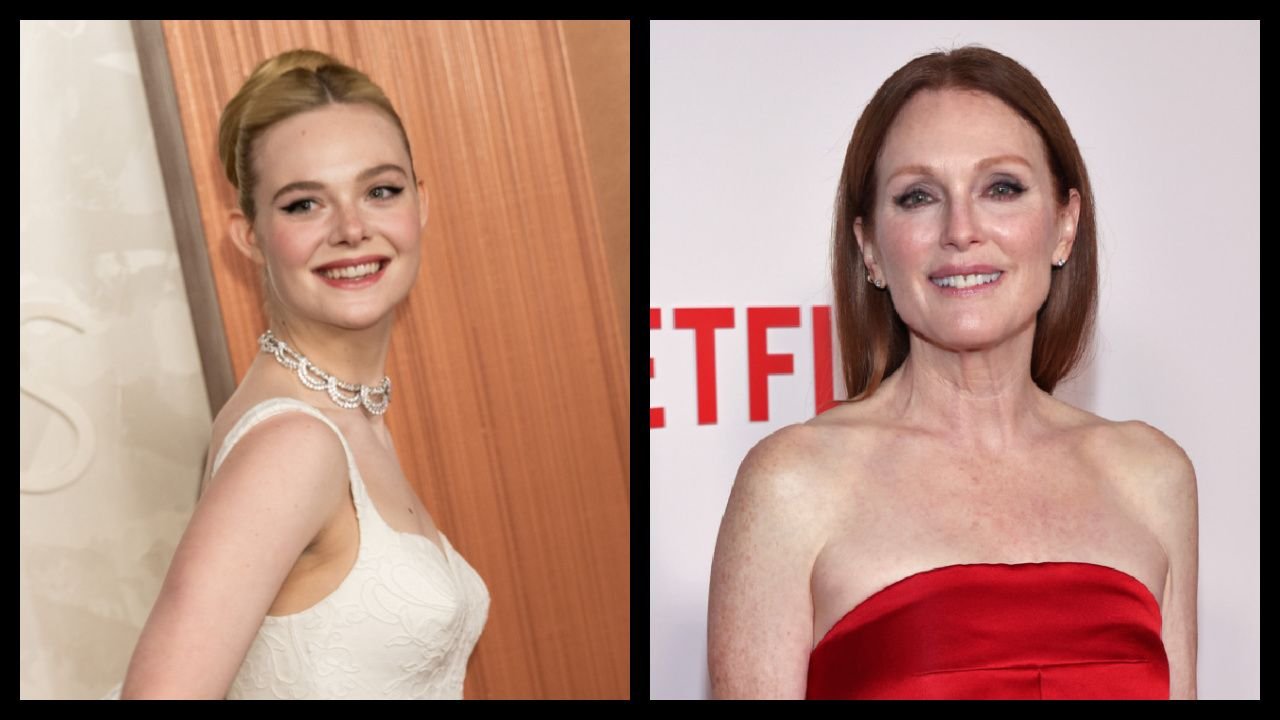 (Left) Elle Fanning arrives on the red carpet of the 97th Oscars® at the Dolby® Theatre at Ovation Hollywood on Sunday, March 2, 2025. Credit/Provider: Etienne Laurent / The Academy. Copyright: ©A.M.P.A.S. (Right) Julianne Moore attends Netflix's 'May December' Los Angeles premiere at Academy Museum of Motion Pictures on November 16, 2023 in Los Angeles, California. Photo by Natasha Campos/Getty Images for Netflix.