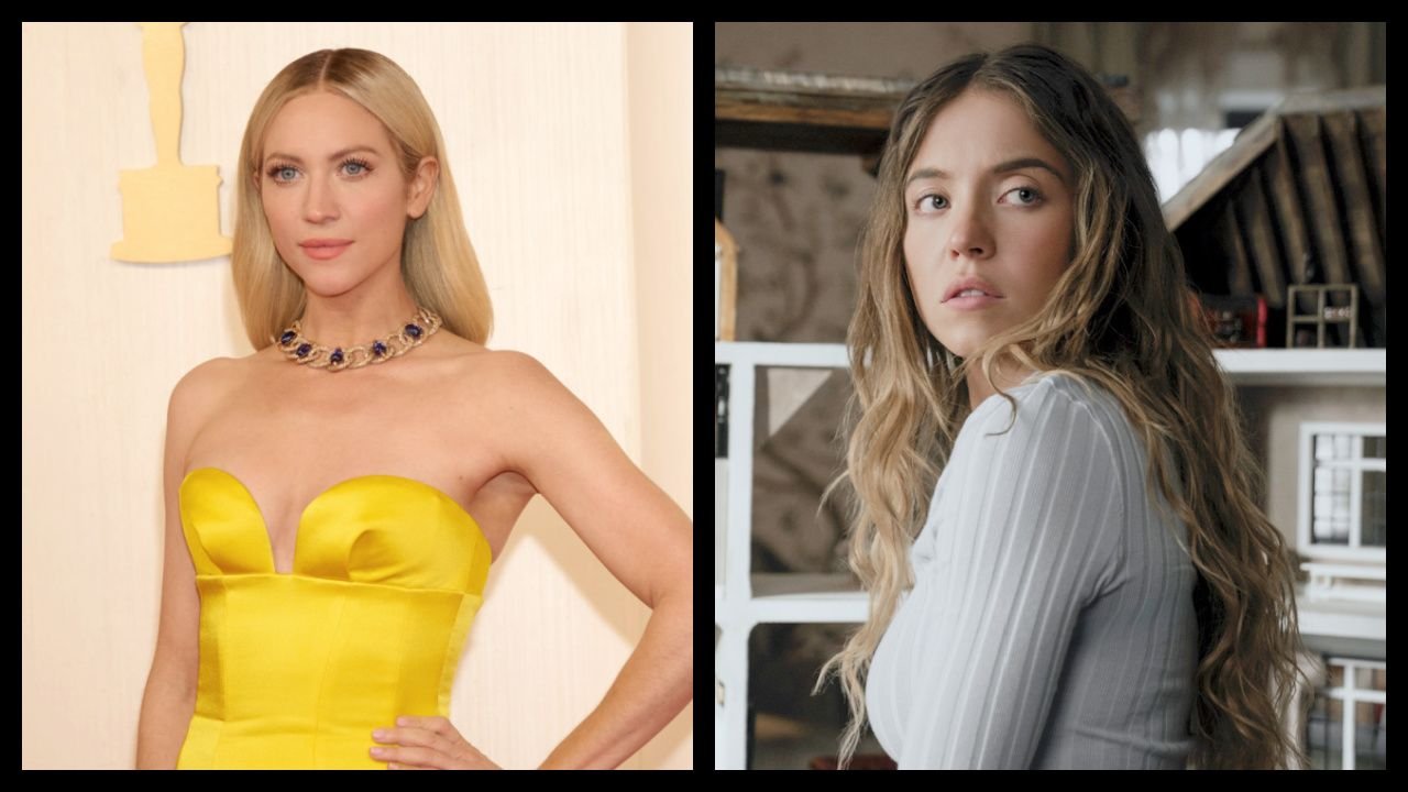 (Left) Brittany Snow arrives on the red carpet of the 96th Oscars® at the Dolby® Theatre at Ovation Hollywood on Sunday, March 10, 2024. Credit/Provider: Nick Agro / ©A.M.P.A.S. Copyright: ©A.M.P.A.S. (Right) Sydney Sweeney as Millie Calloway in 'The Housemaid'. Photo: Daniel McFadden/Lionsgate.