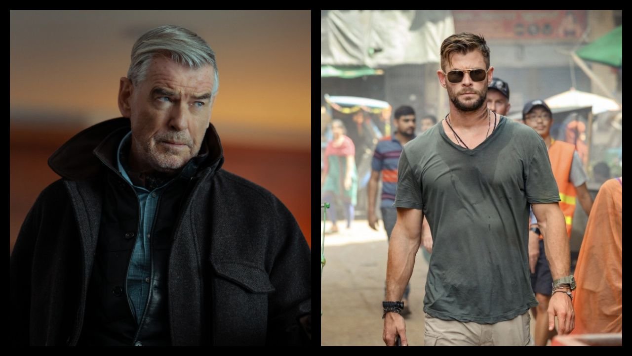 (Left) Pierce Brosnan as Conrad Harrigan in 'MobLand'. Streaming on Paramount+ 2025. Photo: Luke Varley/Paramount+. (Right) Chris Hemsworth in 'Extraction'. Photo: Netflix.