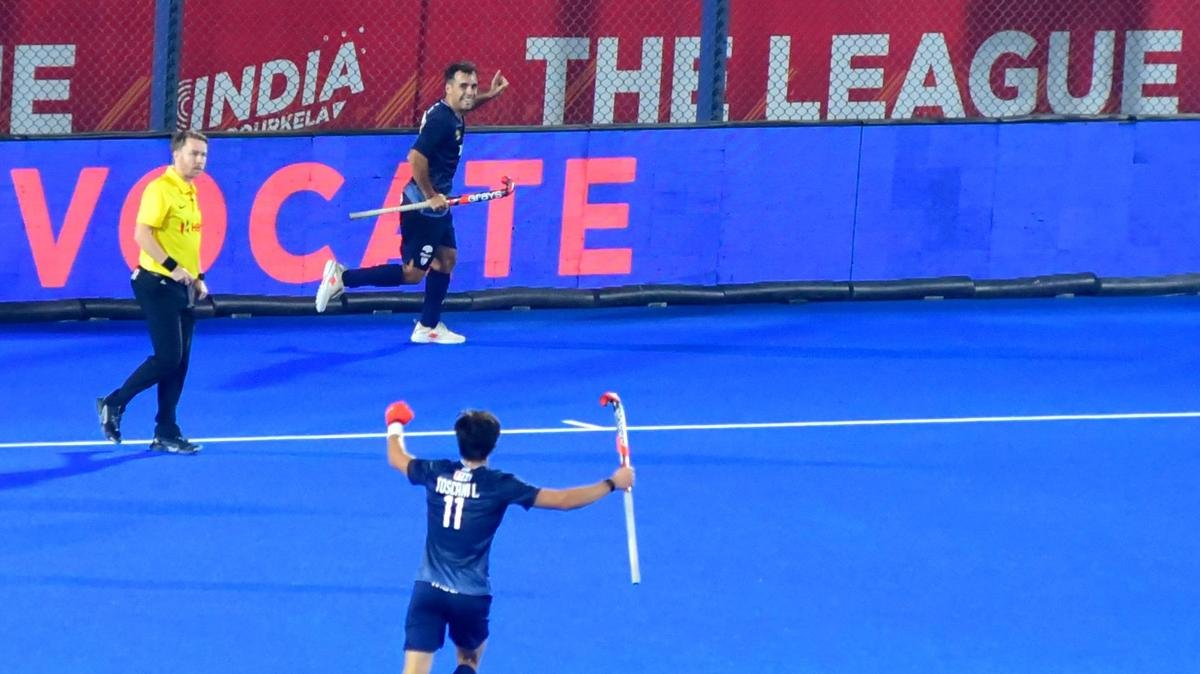 Argentina’s Tomas Domene (21) celebrates after scoring against India during his side’s 8-0 win in February 2026.