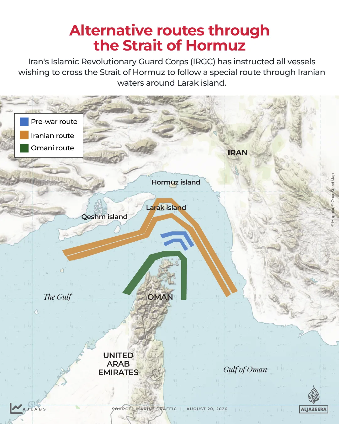 Alternative routes through the Strait of Hormuz as of August 19 [Al Jazeera]