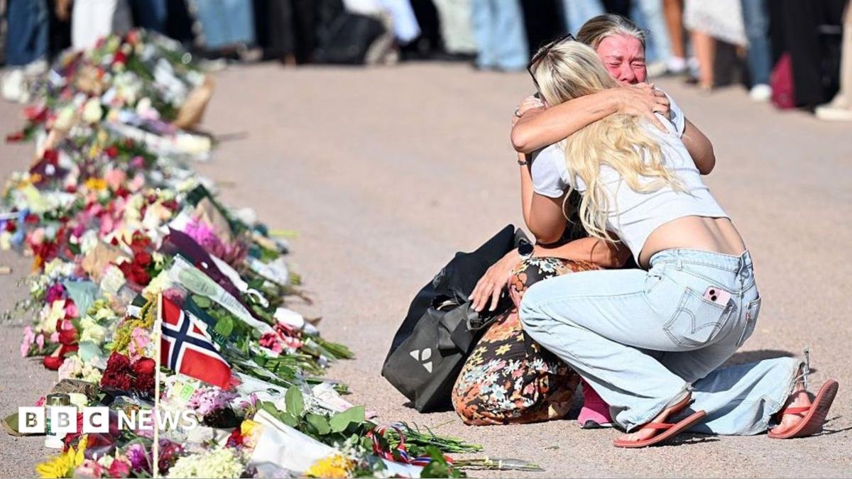 People are gathering at The Palace Square to pay their respect to King Harald V of Norway who is at Oslo University Hospital in a serious condition on August 27, 2026 in Oslo, Norway