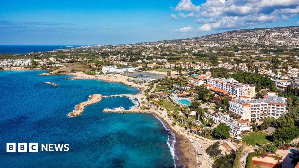 Aerial panoramic view of Coral bay beach, Cyprus. Overhead view of Coral Bay beach, Peyia village, Paphos district, Cyprus. Aerial view of Coral Bay beach in Peyia village, Cyprus.
