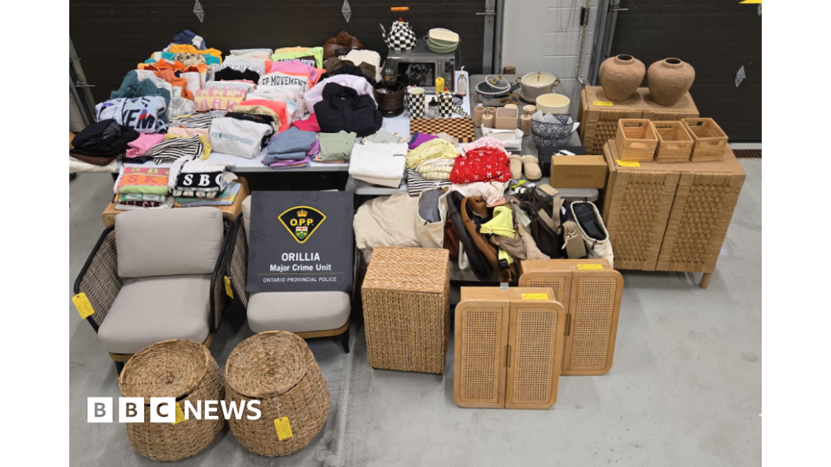 Items including clothes, woven baskets, chairs and ceramics arranged. The crest of Ontario Provincial Police and its Orillia Major Crime Unit are in the frame.